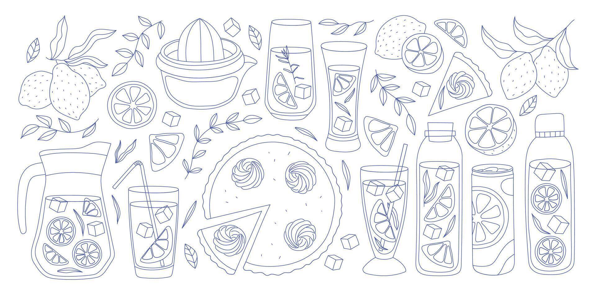 Hand drawn lemon set in line art style. Mediterranean blue lemon collection. Amalfi doodle drawing for t-shirt print, invitation, card, menu design. Italian Dolce vita summer element. vector