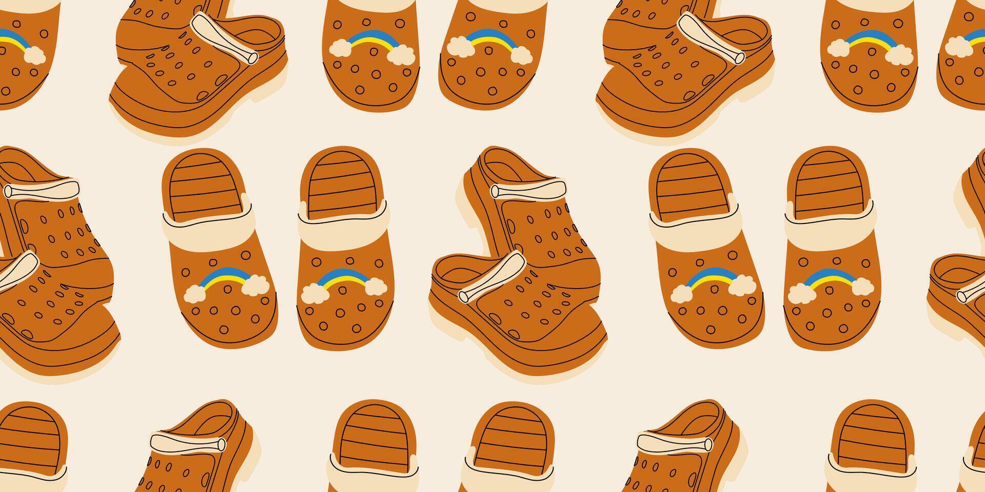 Seamless pattern with cute summer brown beach or home children's slippers. Endless texture with fashionable and stylish home shoes for print. Colored flat illustration. vector