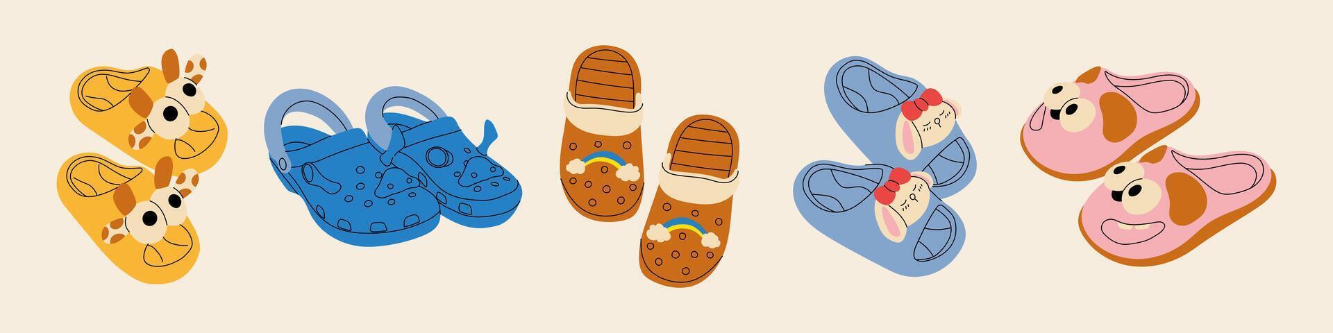 Summer beach shoes, comfortable customized clogs pairs. Fashion rubber footwear with funny charms, custom accessories. Flat illustrations isolated on white background vector