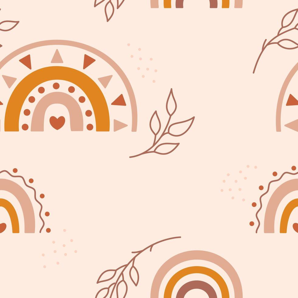 Baby seamless pattern drawn in Bohemian gender neutral colors. Colorful rainbows, beautiful twigs and random dots on a beige background. vector