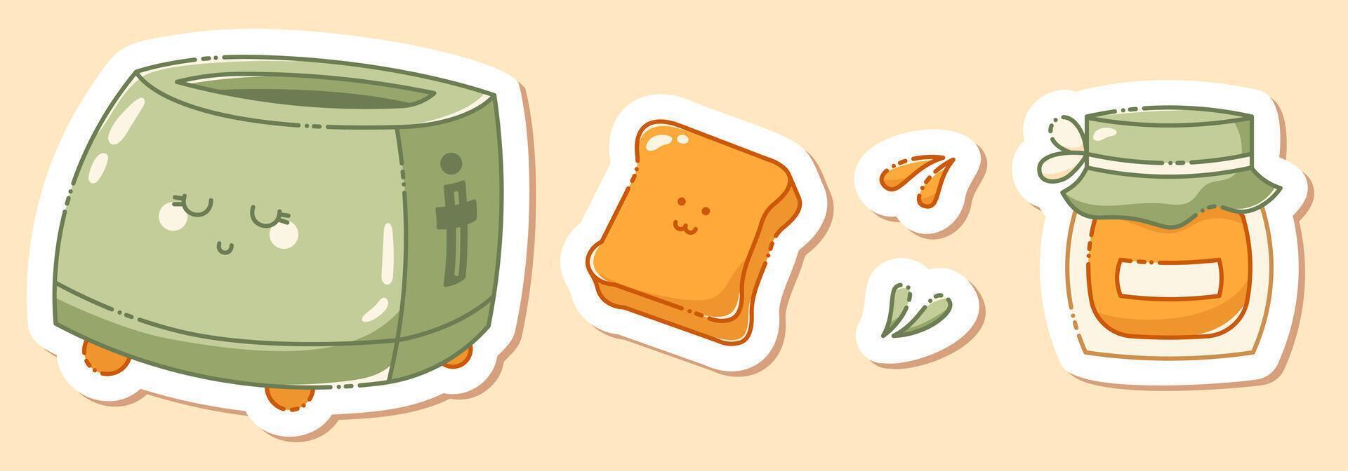 A set of cute coffee-themed stickers drawn in pastel colors including a toaster, a piece of bread, Jam and some tiny details. vector