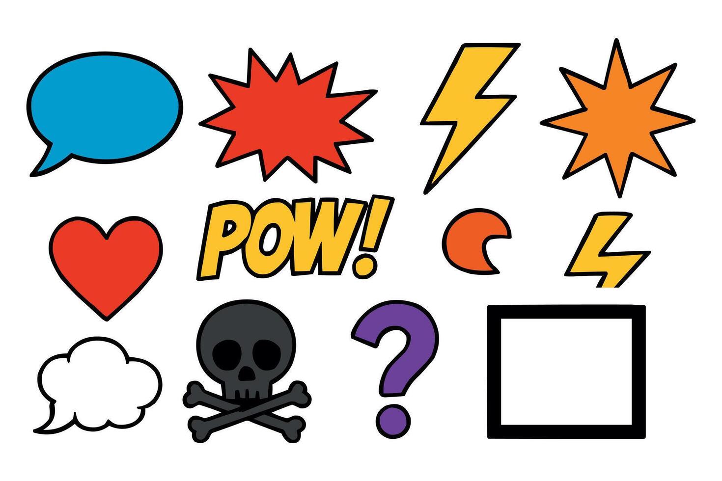Colorful Comic Icons Collection Speech Bubbles Lightning Heart Skull Explosion Pow vector