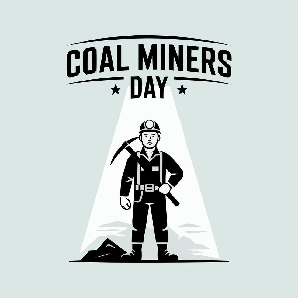 coal miners day logo with miner standing in front of a mountain vector
