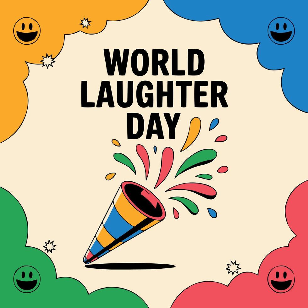 world laughter day background with colorful fireworks and smiling faces vector