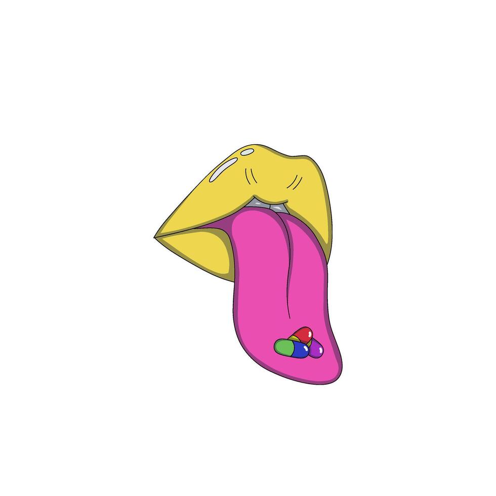 Yellow lips with a colorful pills vector
