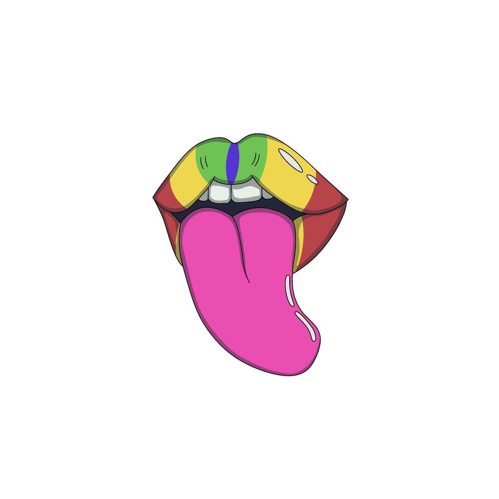 Multicolored lips with a tongue playfully sticking out. Bold, psyhedelic design with bright hues and expressive, artistic details. vector