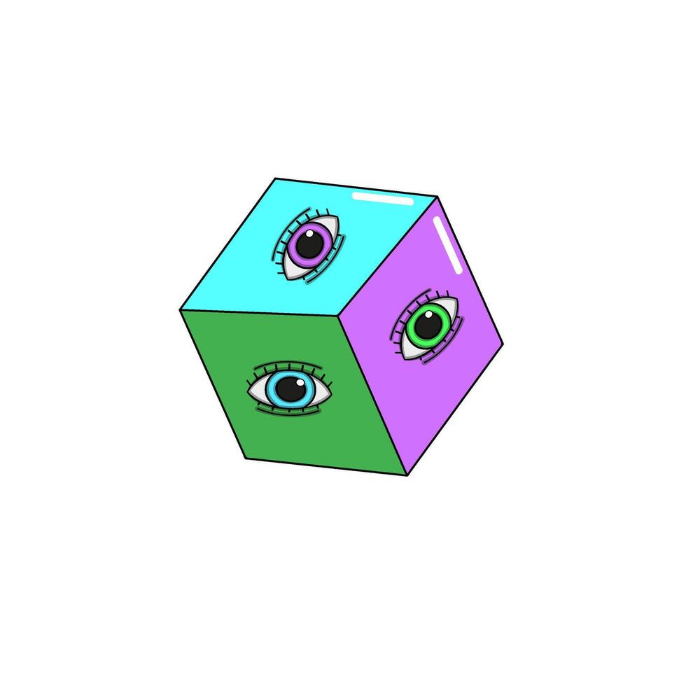 Surreal colorful cube with eyes on each face. Abstract 3D geometric shape in vibrant tones. Modern psychedelic illustration with hand-drawn details vector