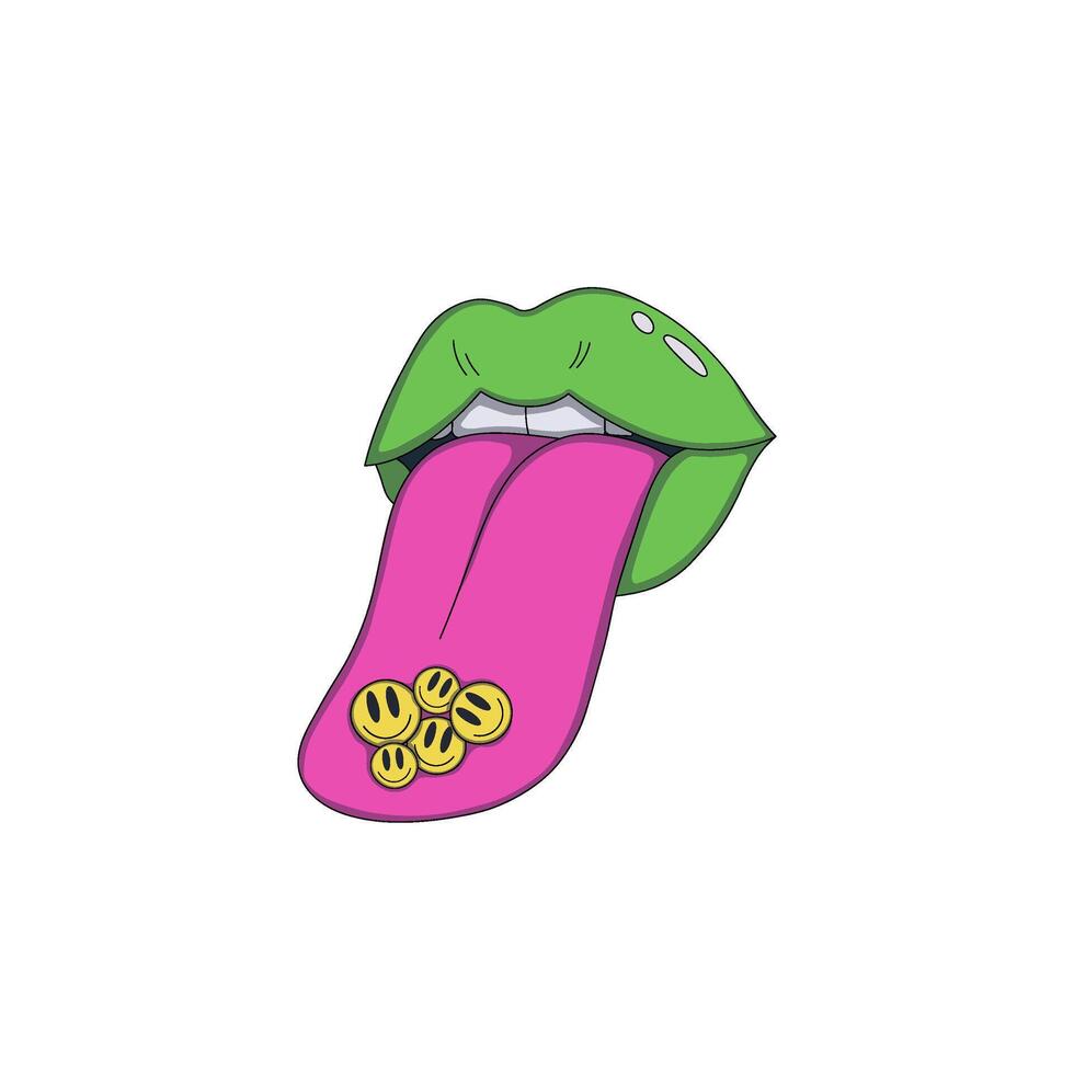 Green lips with a tongue sticking out, featuring smiling emoji faces resting on the tongue. Playful, psyhedelic composition with bright colors and imaginative details vector