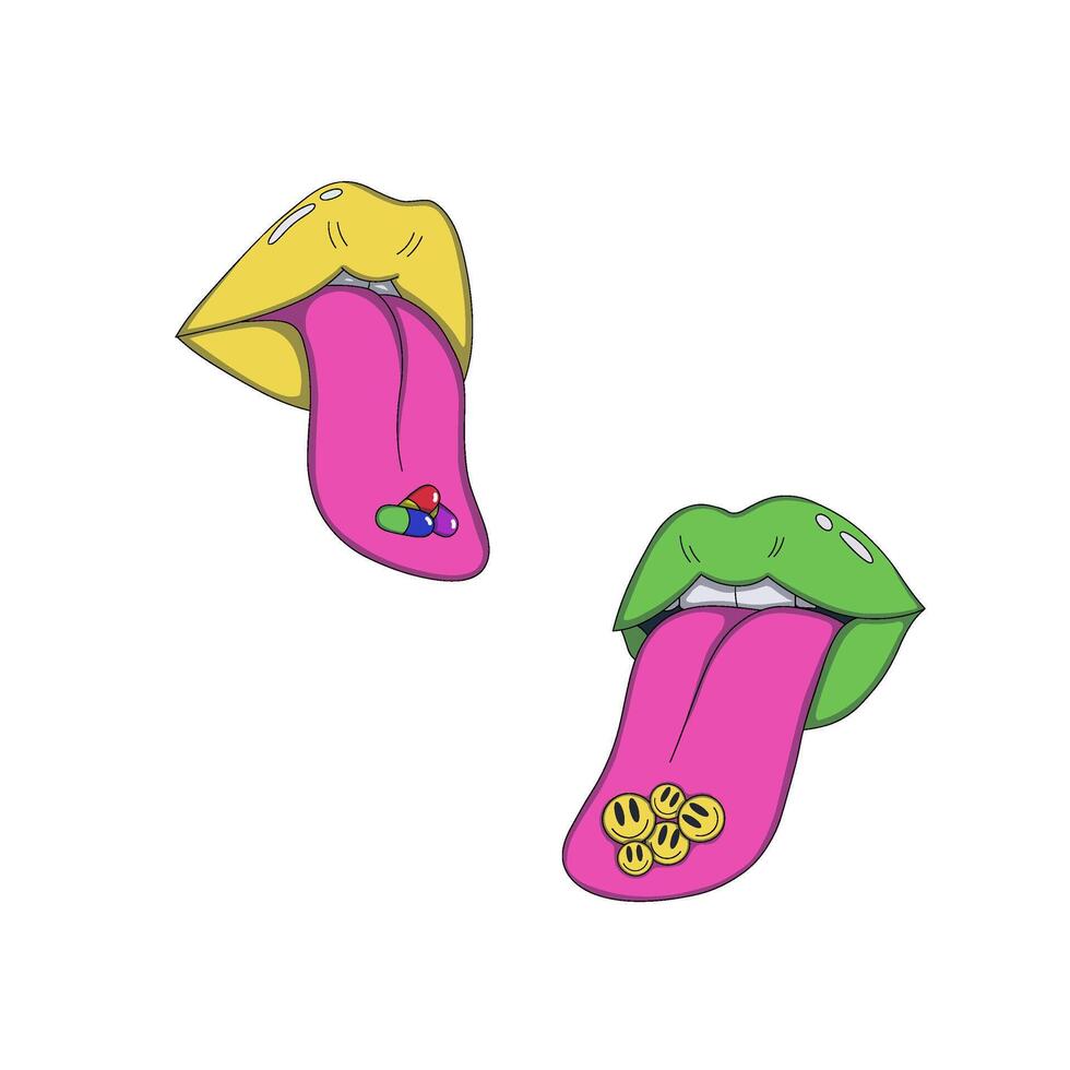 Green and yellow lips with tongues sticking out, holding smiling emoji faces and colorful pills. Bold, psyhedelic and playful design with vibrant colors and cartoon elements vector