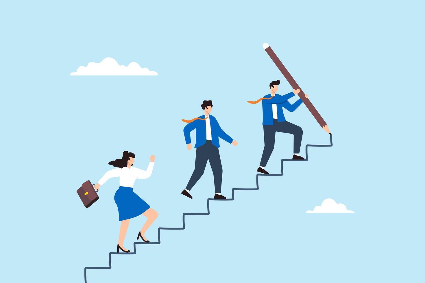 Flat illustration of businessman leader draw stairs with pencil guiding team to success develop career improvement plan vector
