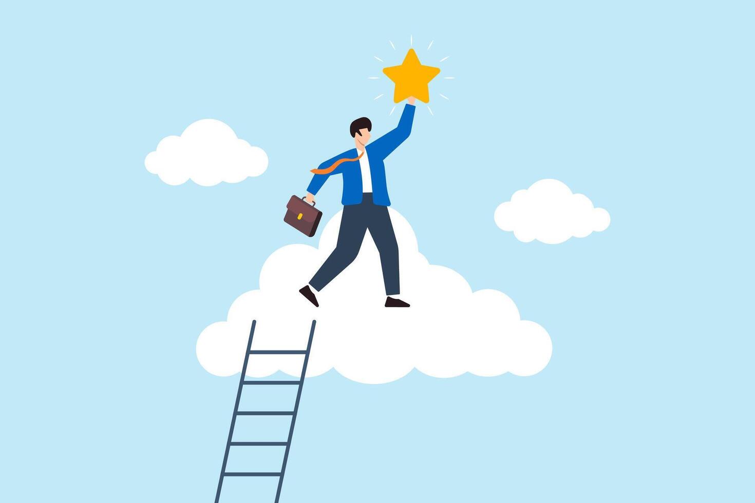 Flat illustration of successful businessman stand on clouds to reach precious star with ladder career victory business champion dream job vector