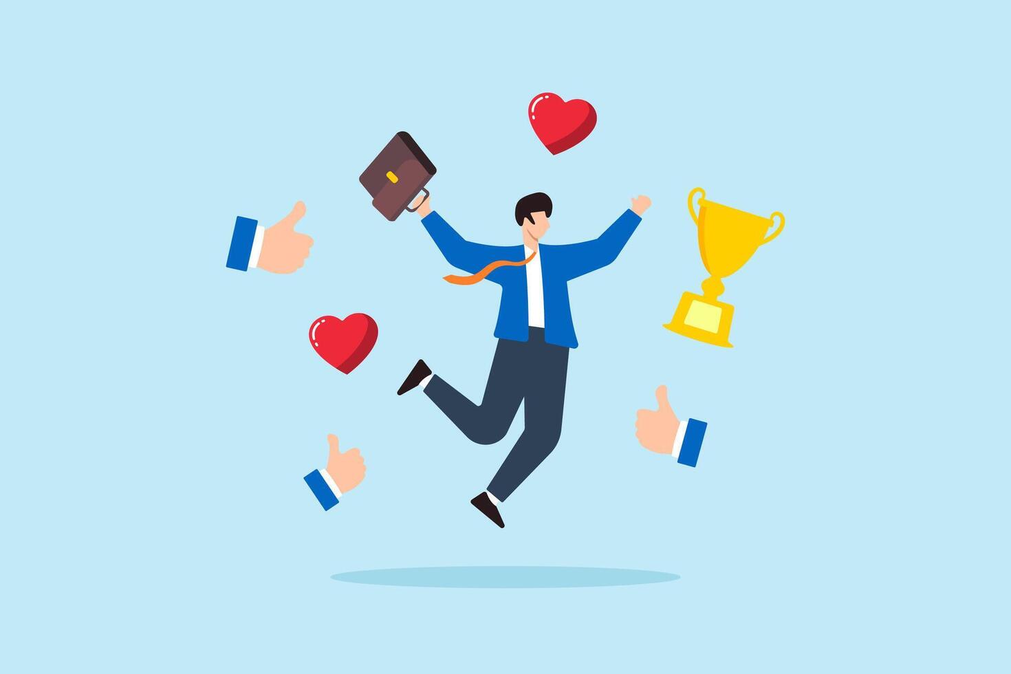 Flat illustration of happy businessman celebrating with trophy hearts and likes for achievement performance and social approval vector