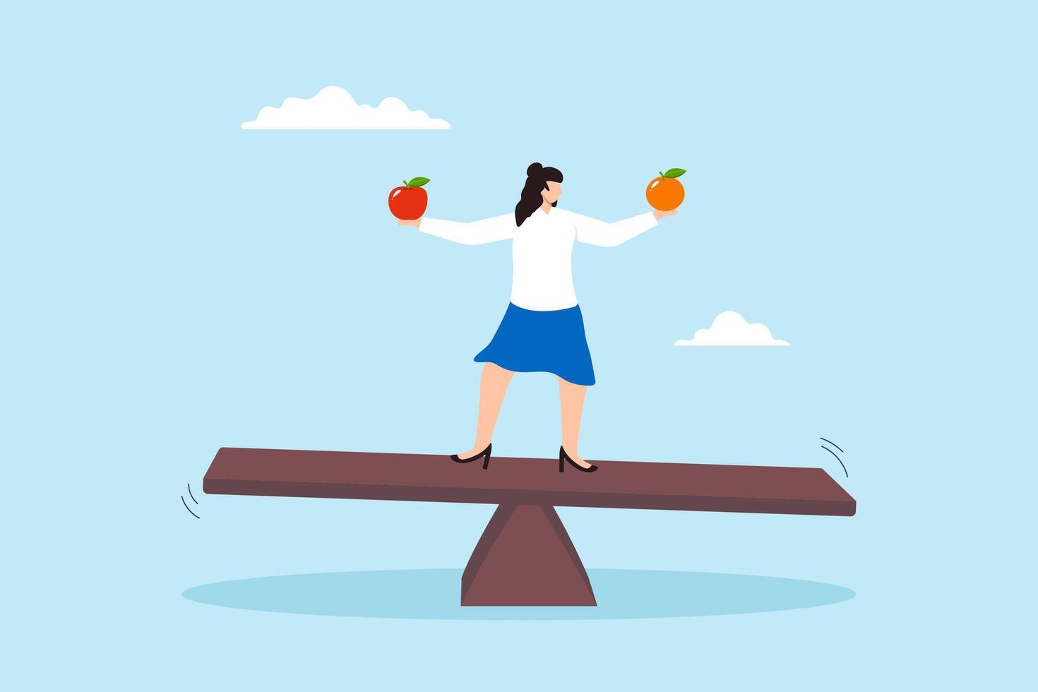 Flat illustration of businesswoman compare apple and orange while balancing on seesaw decision making choose alternative choices vector