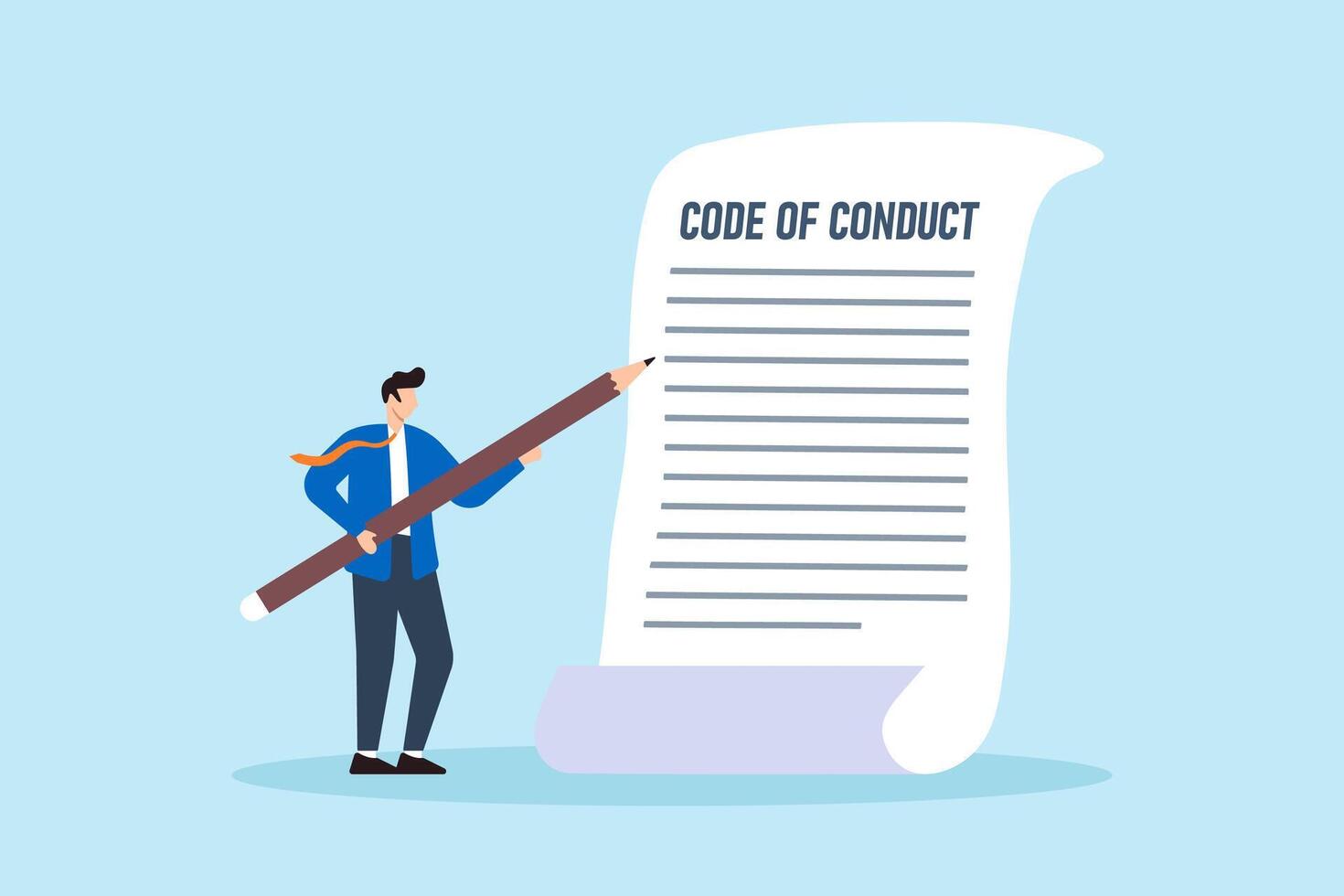 Flat illustration of businessman writes code of conduct document ethical business policy regulation rules work responsibility guideline vector