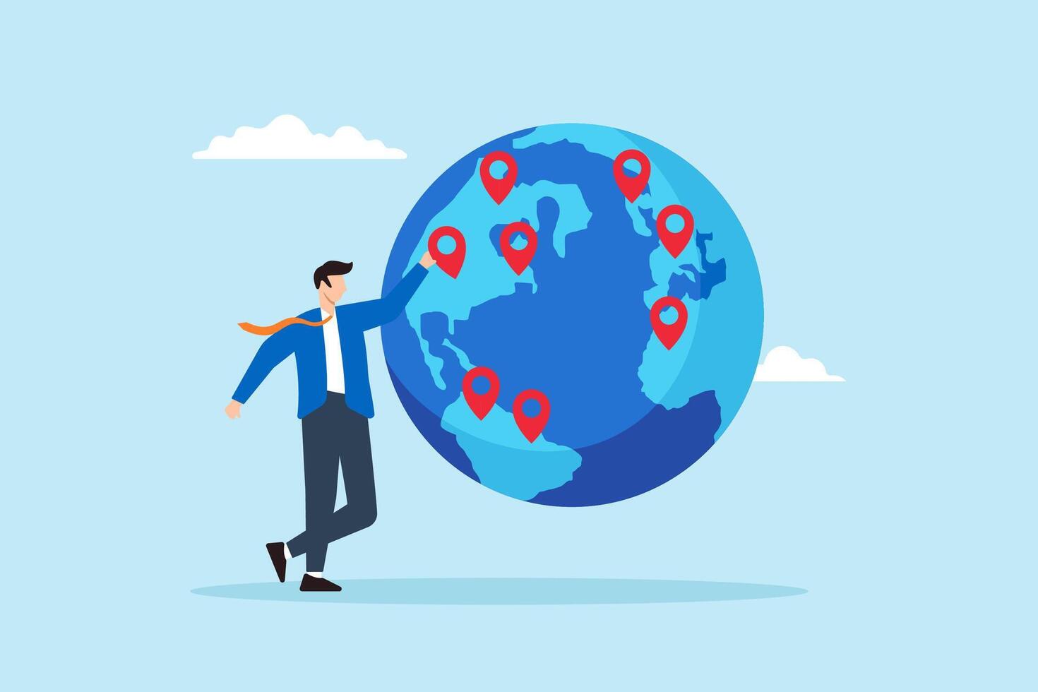 Flat illustration of businessman CEO place new branch pin on world map globe global business expansion growing franchise worldwide vector