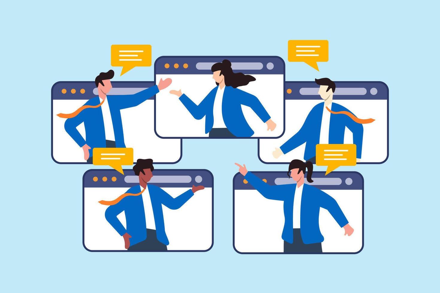 Flat illustration of diverse business people in online meeting communicating via conference windows and chat bubbles vector