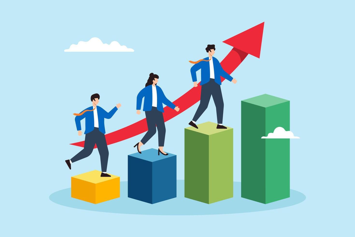 Flat illustration of business people climb up growth graph with arrow teamwork win together business success career progress achievement vector