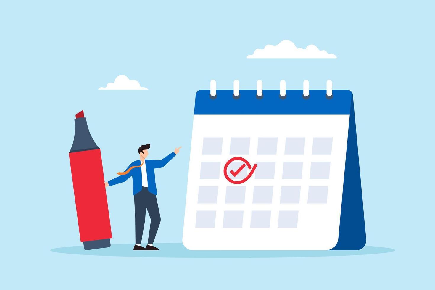 Flat illustration of businessman circle important date on calendar with highlighter marker event reminder appointment work deadline meeting schedule vector