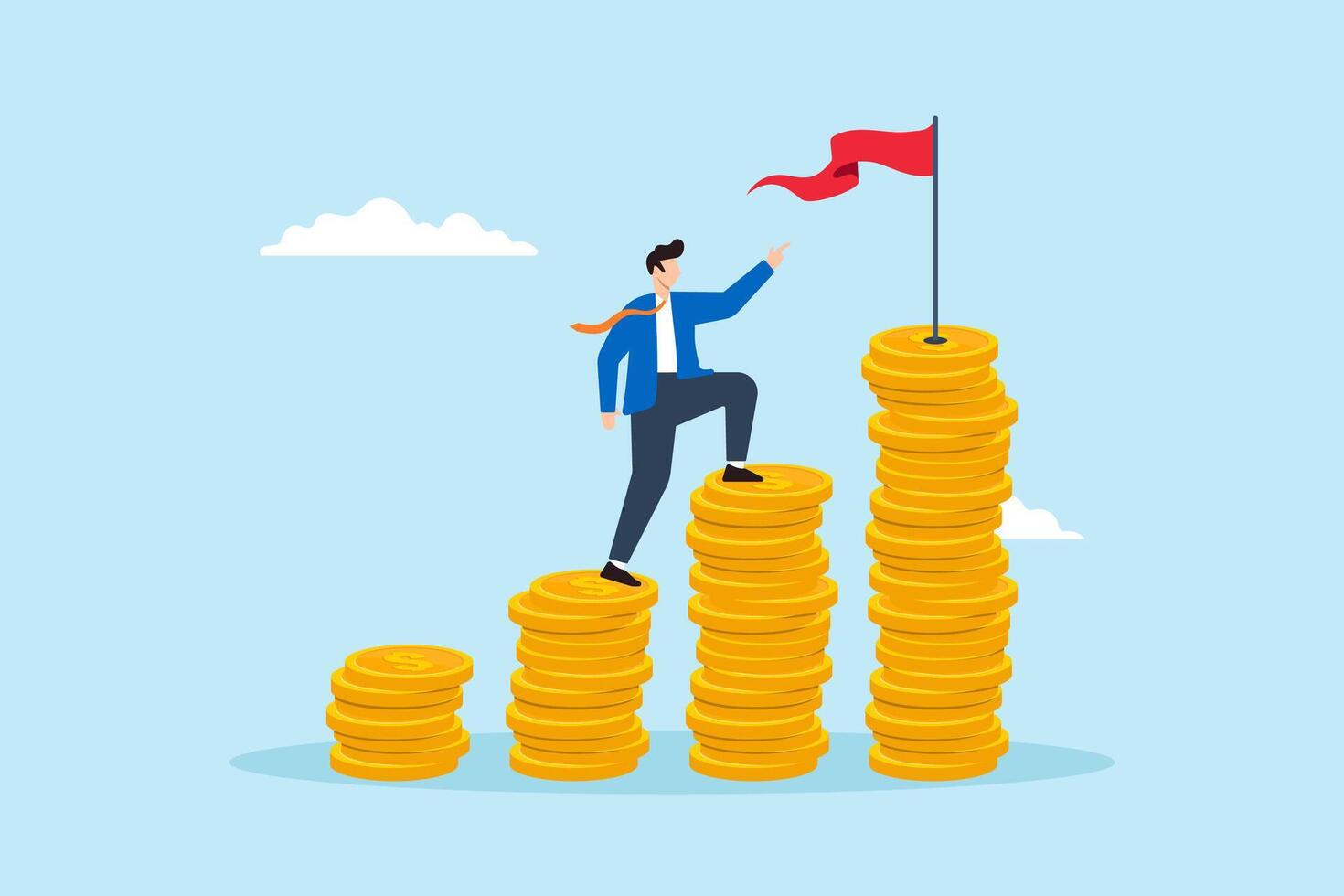 Flat illustration of businessman climb money coin stack to achieve red target flag financial goal achievement investment plan salary growth vector