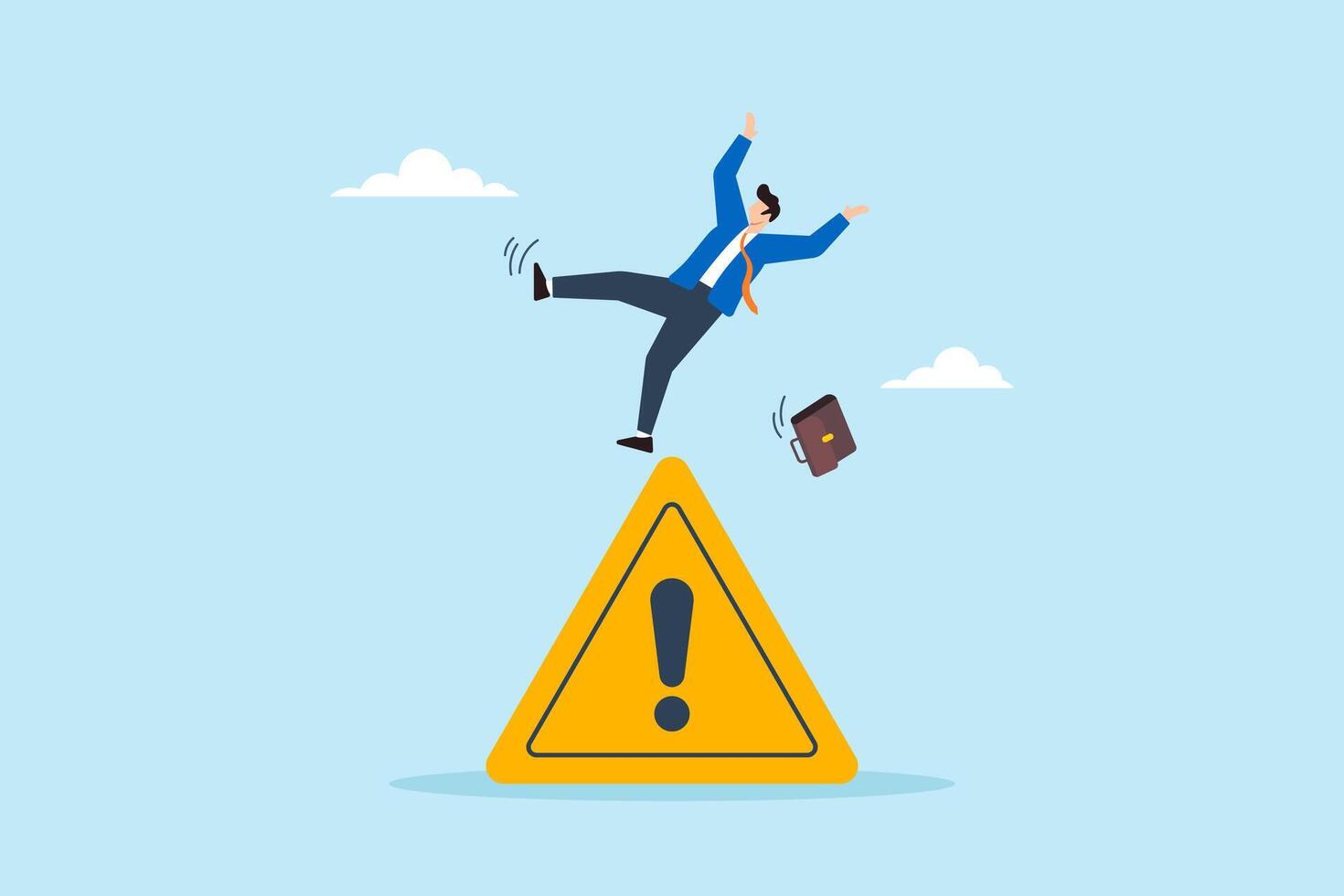 Flat illustration of businessman slip on hazard warning attention sign with exclamation mark business risk problem failure prevention avoid danger vector