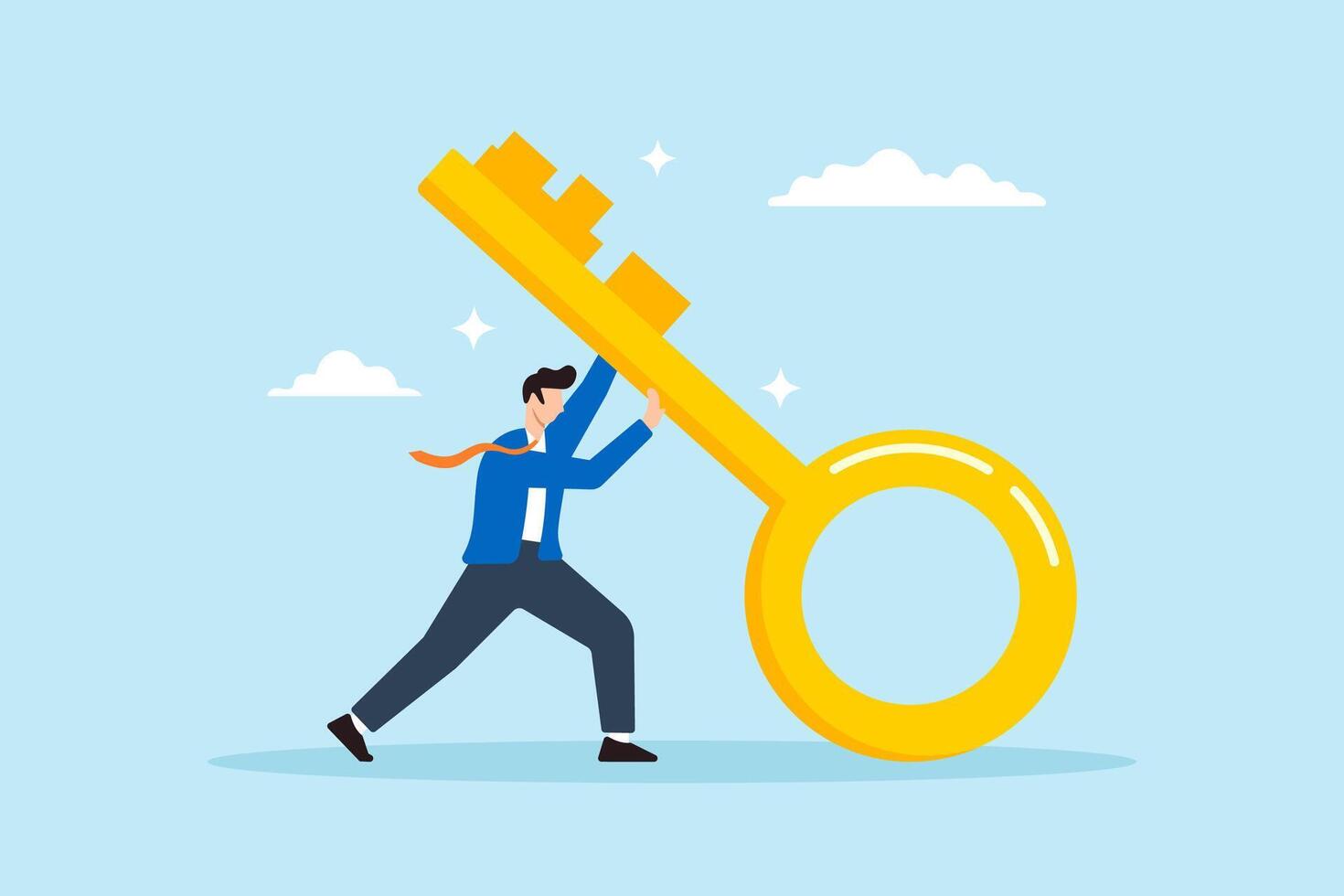 Flat illustration of businessman push big golden key with effort unlock business success leadership career opportunity vector