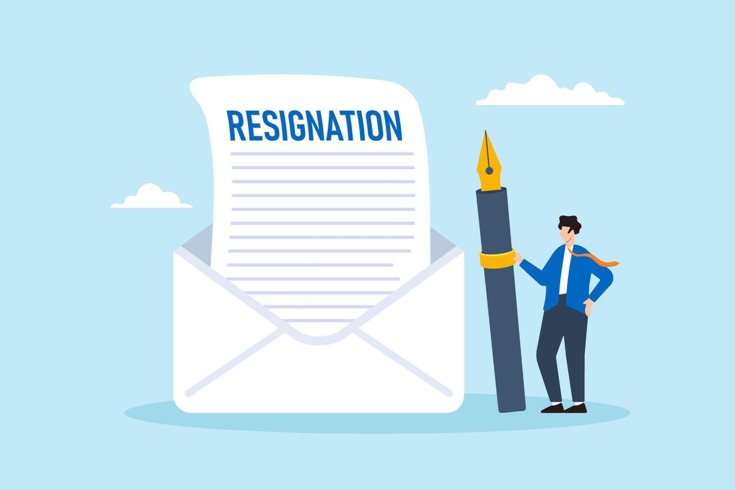 Flat illustration of professional businessman write resignation email with fountain pen career change quit job letter leave company vector