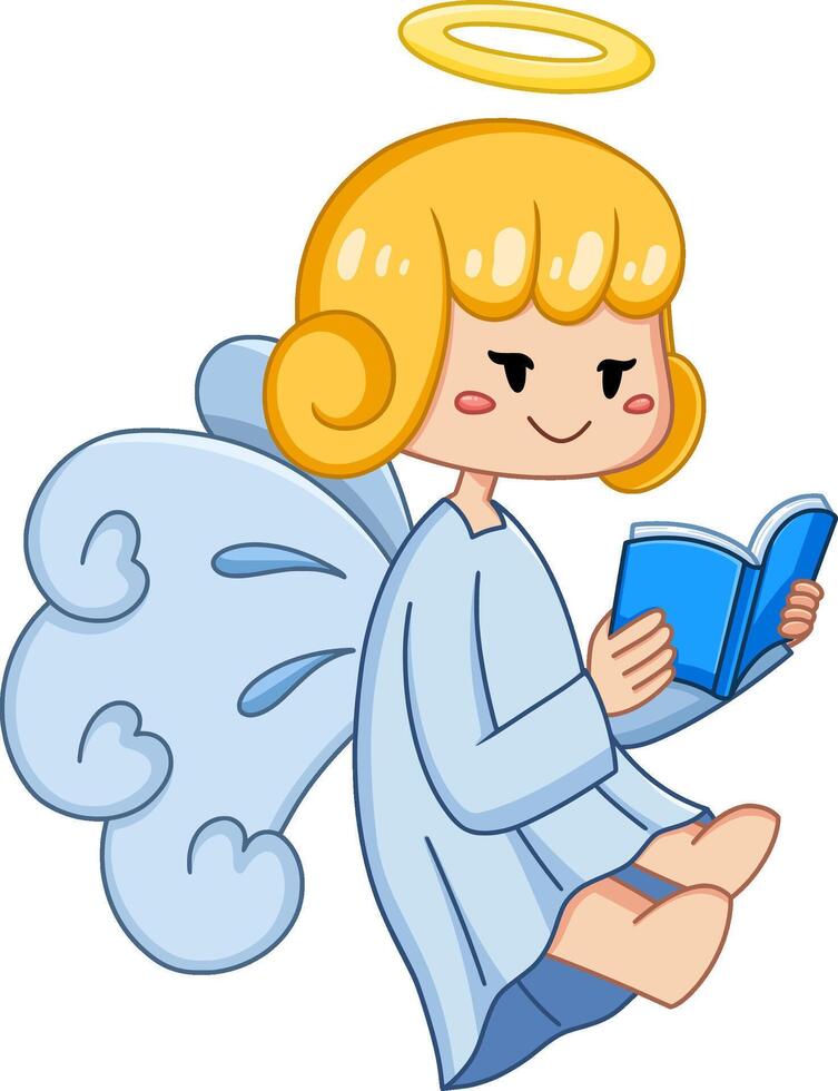 A Cute Angel With Wings Reading A Book, Cartoon illustration vector