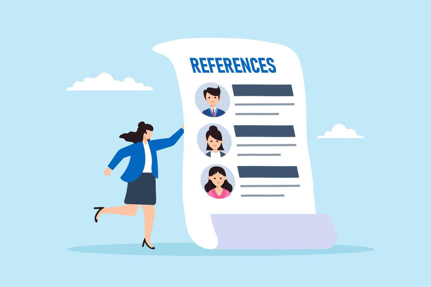 Flat illustration of businesswoman hold reference documents with list people and work experience professional recommendation vector