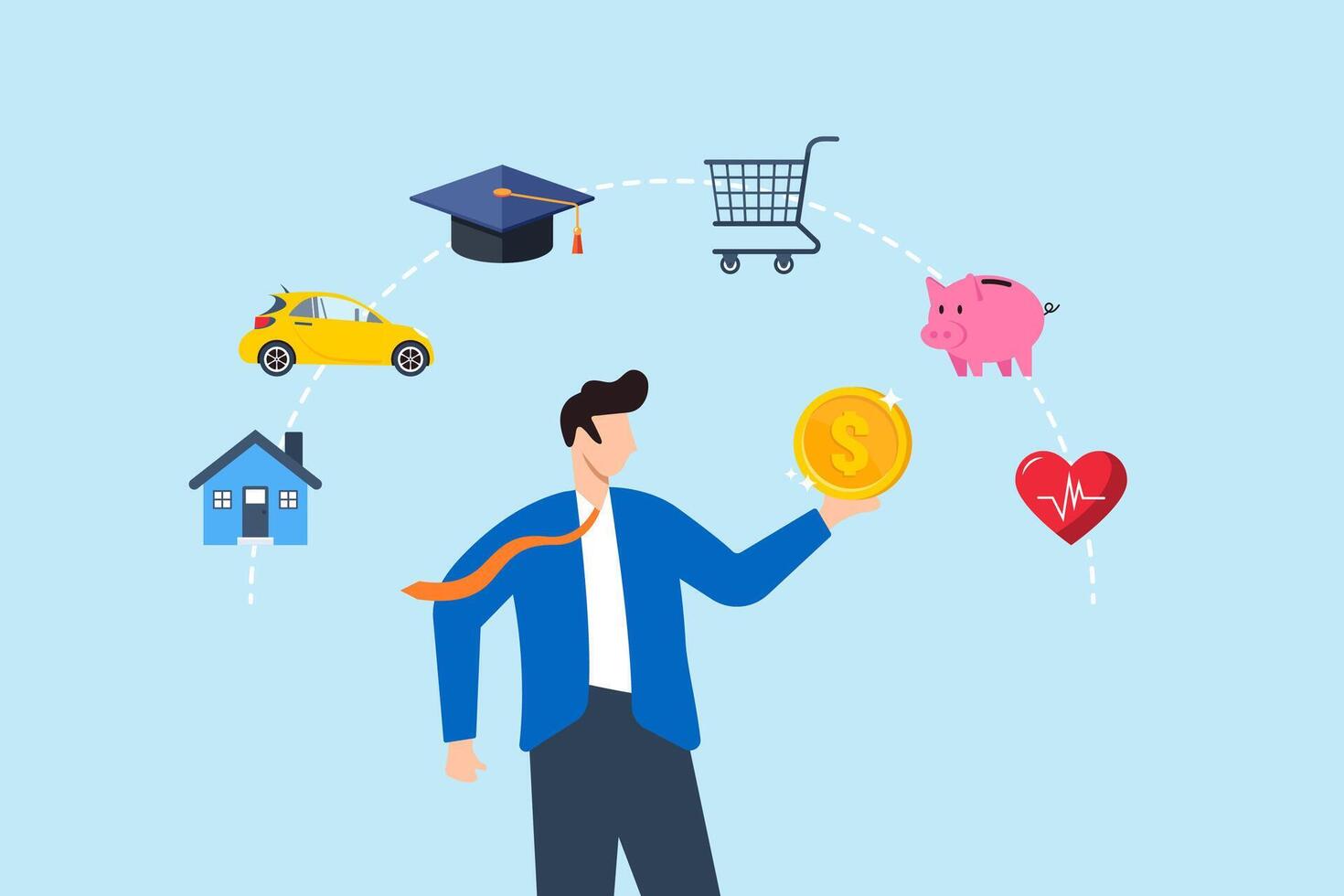 Flat illustration of businessman hold money coin and think budget planning financial management with expenses in house car graduation cap shopping cart piggy bank healthy heart vector