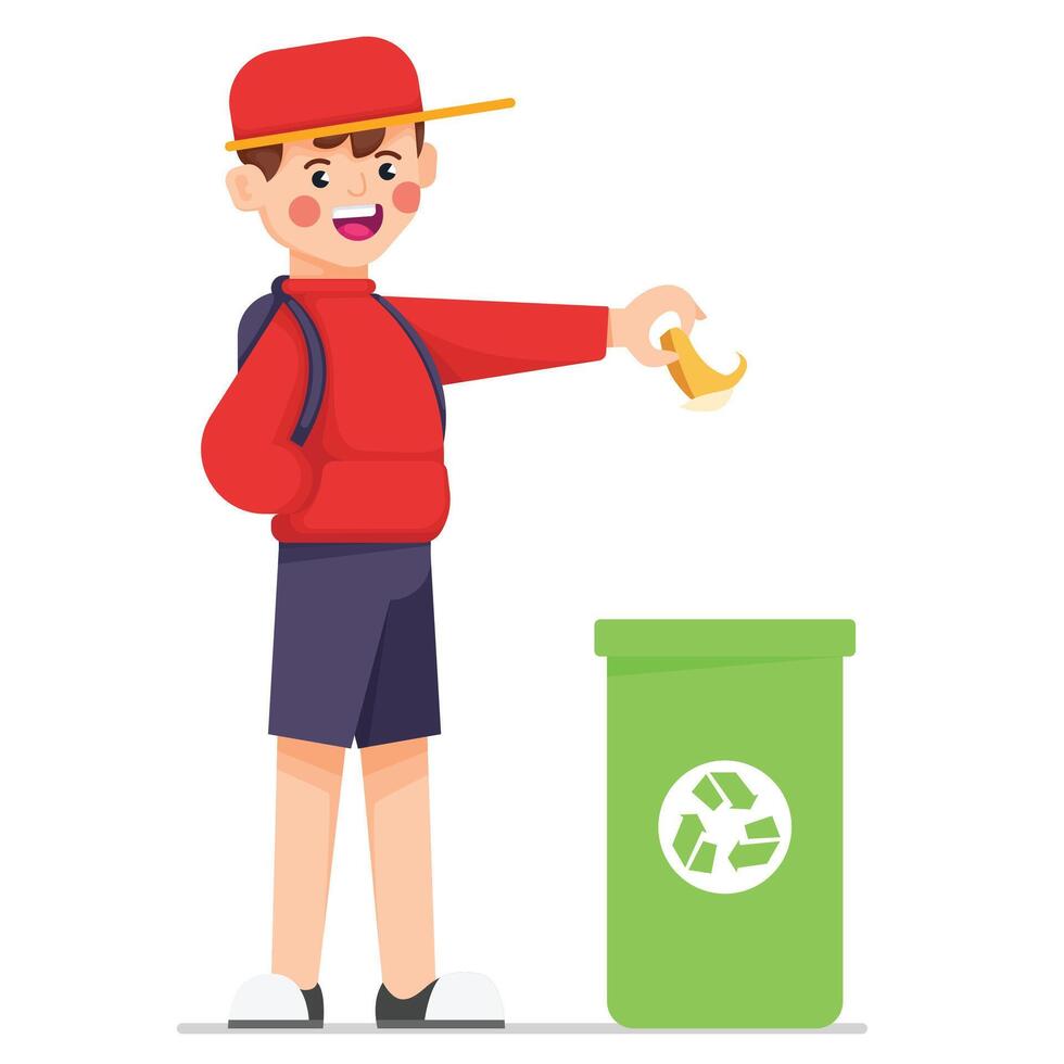 Cute Boy Throwing Trash in Recycling Bin vector