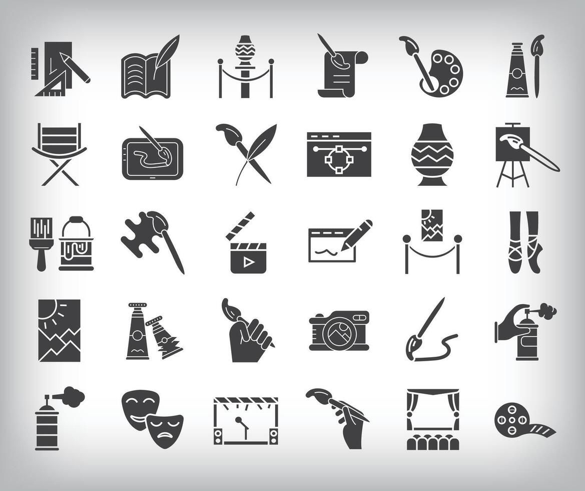 30 flat fill art show simple icon set. Start, tablet, stage, theater and artistic design. vector