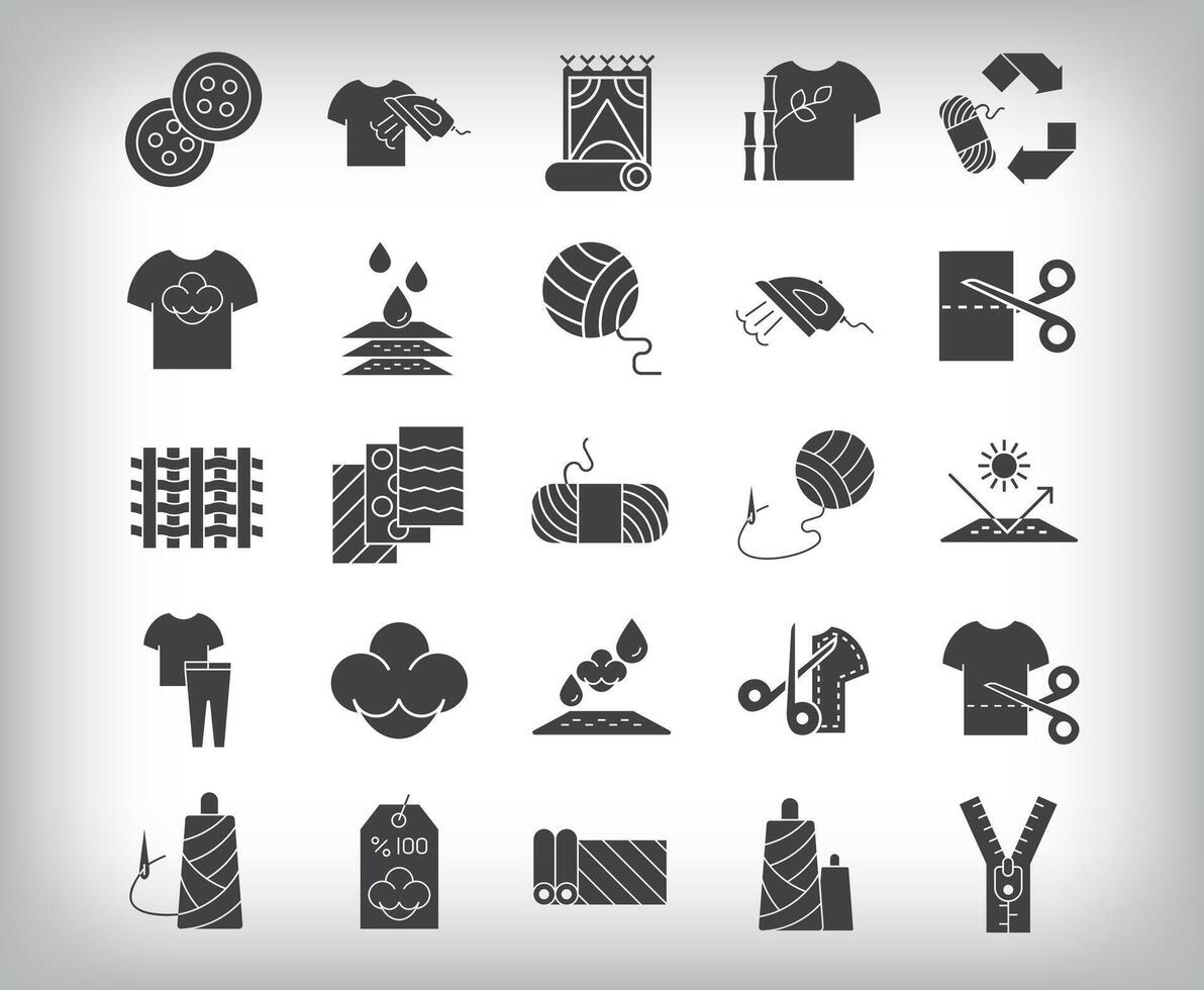 30 flat fill fabric textile simple icon set. Needle, thread, scissors, zipper and button design. vector