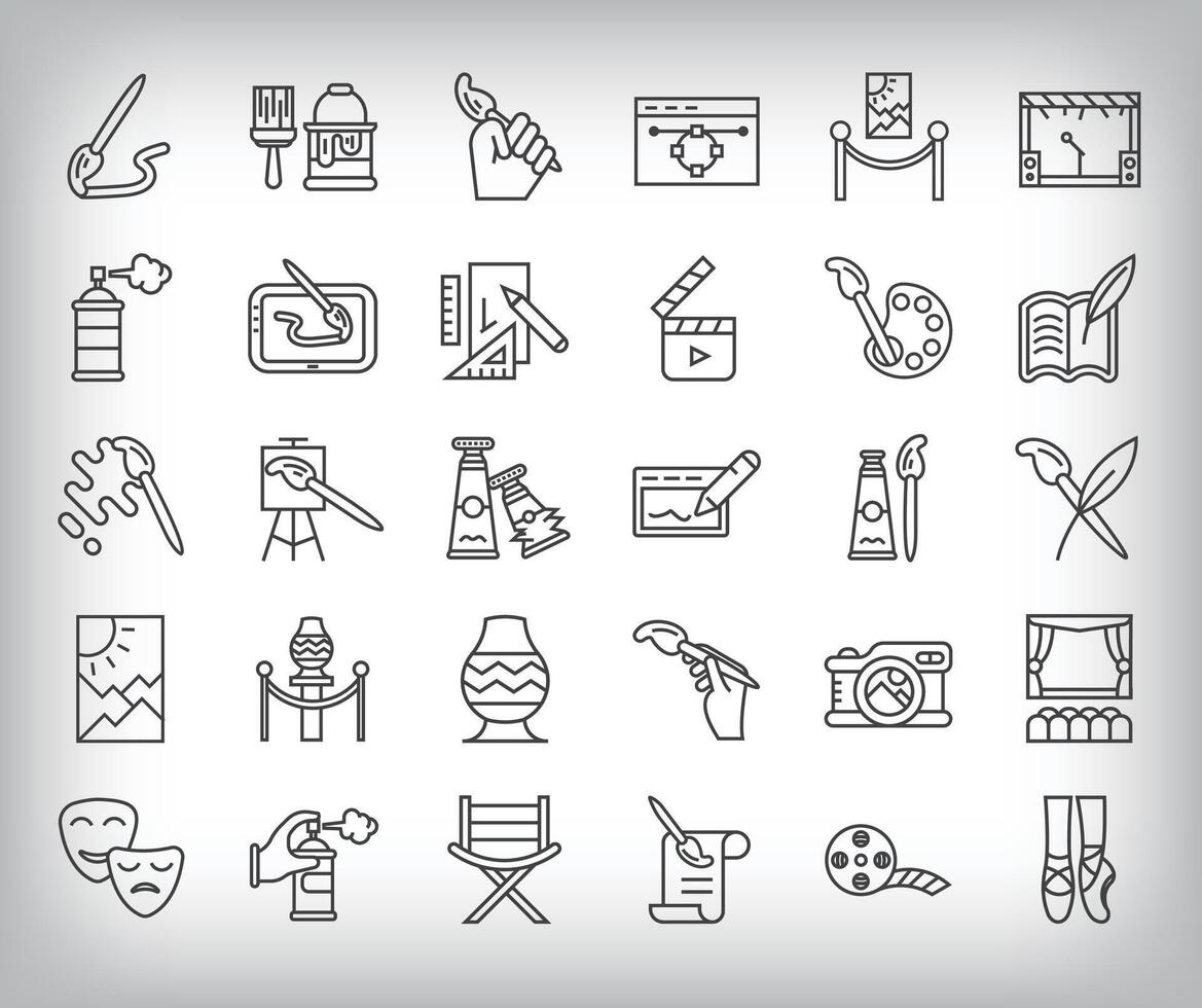 30 linear art show simple icon set. Brush, painting, stage, theater and artistic design. vector