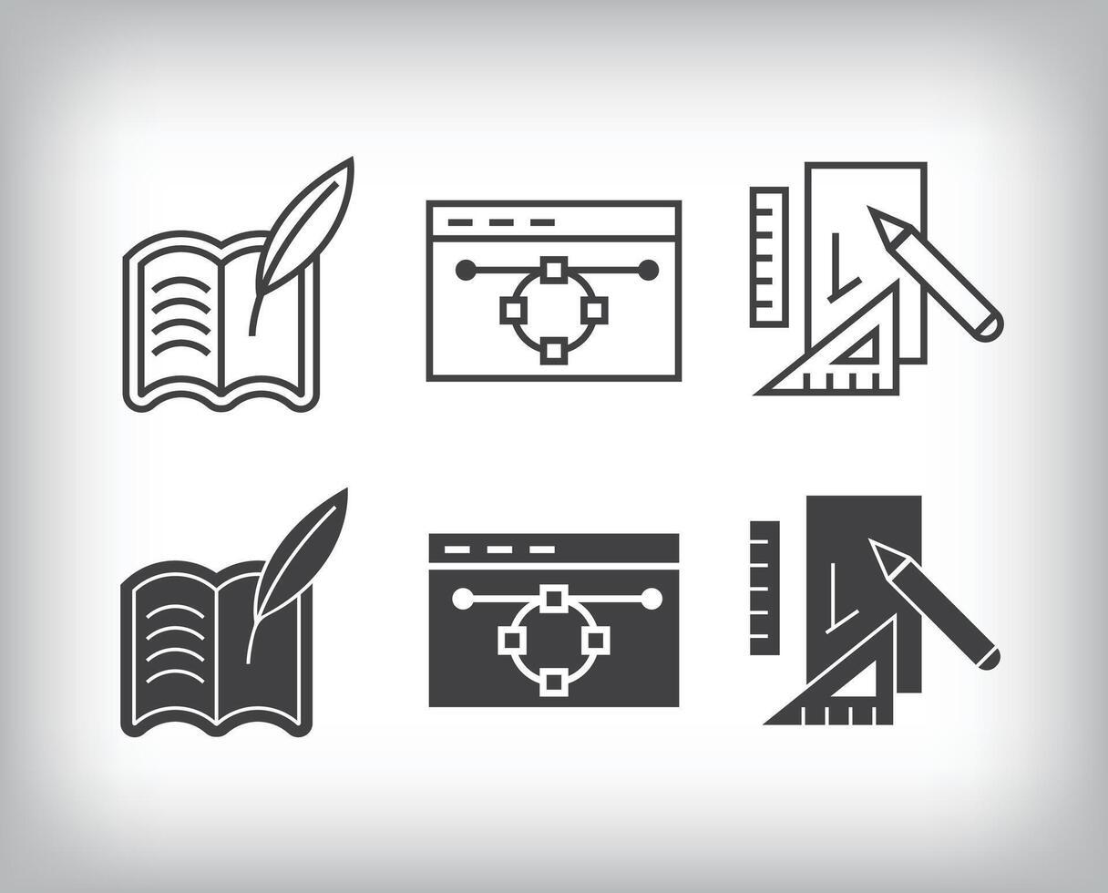 Book, program, technical and artistic design. Simple linear and flat artistic art icon set. vector