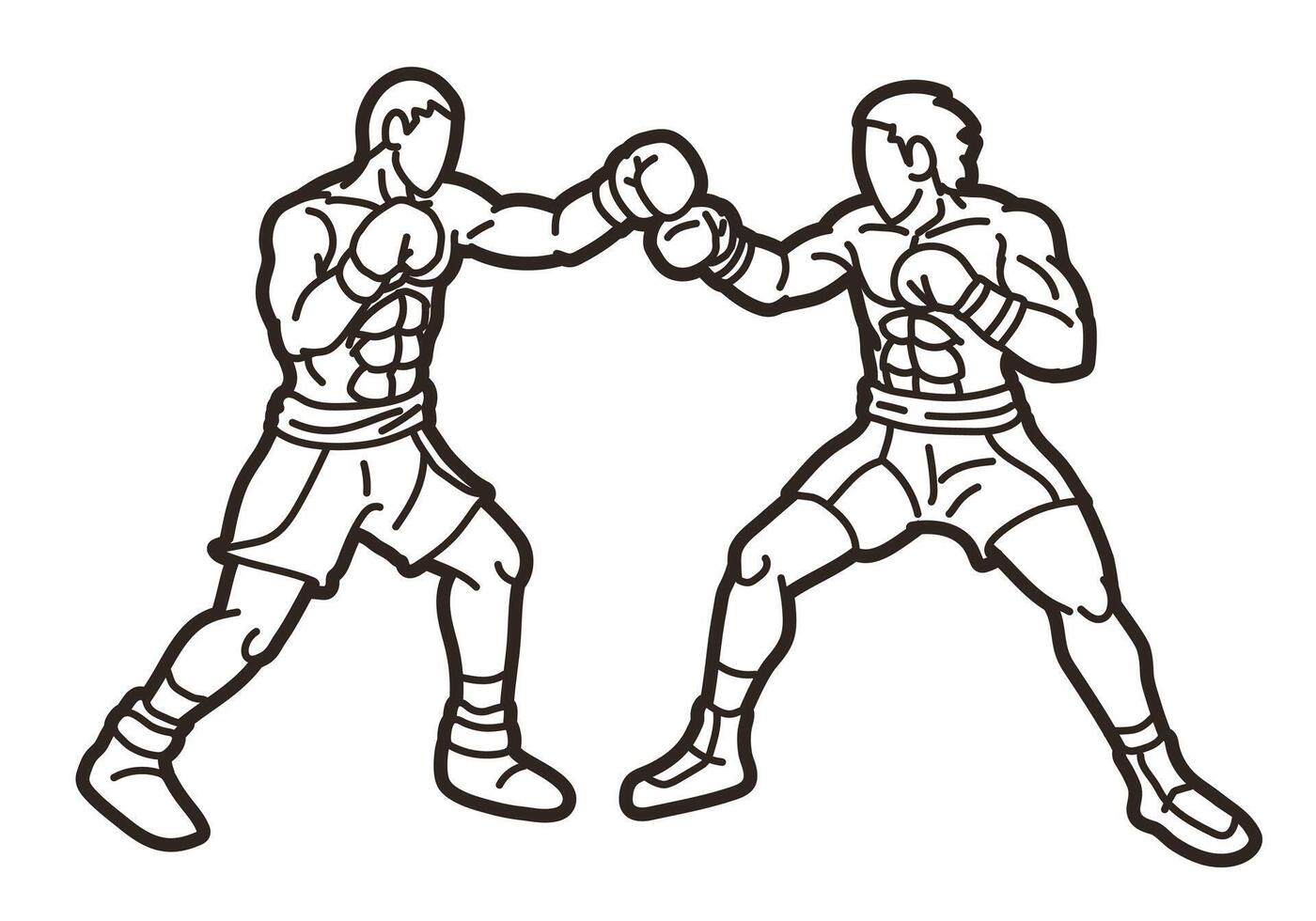 Outline Boxing Sport Kickboxing Boxer Ready to Fight and Punching Action Cartoon Graphic vector