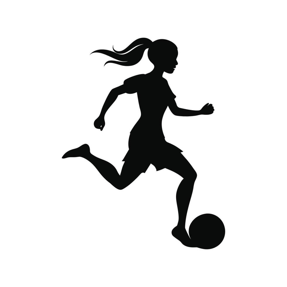 Silhouette of a female soccer player running with the ball vector