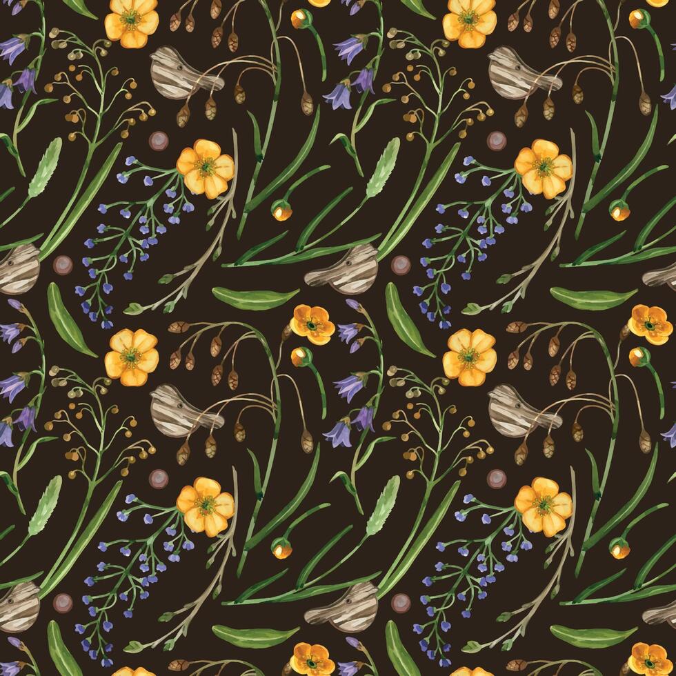 Seamless watercolor pattern of meadow flowers, bellflower, buttercup, timothy grass, green leaves and young branches with buds. All objects are hand-drawn with watercolor. For printing on fabric vector