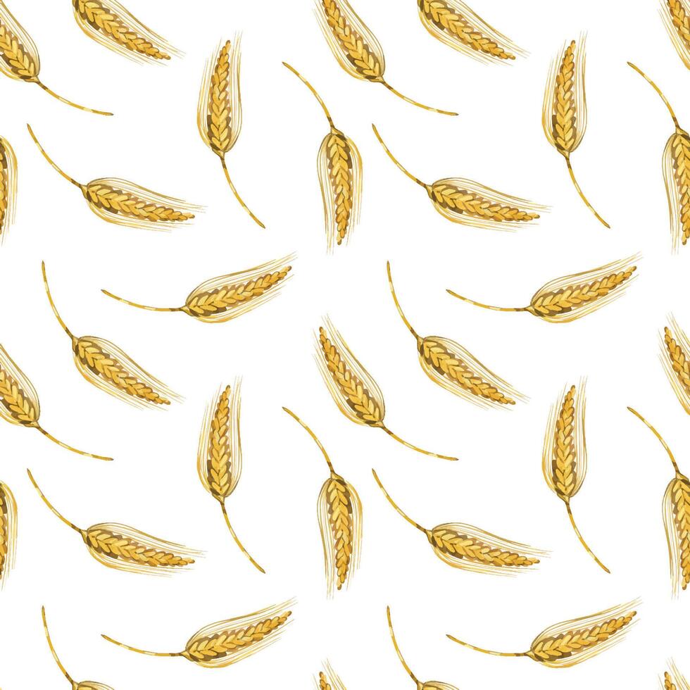 Seamless watercolor pattern. Ripe ears of wheat, yellow color, hand-drawn with watercolors. Watercolor illustration. Suitable for printing on fabric, paper, for stationery vector