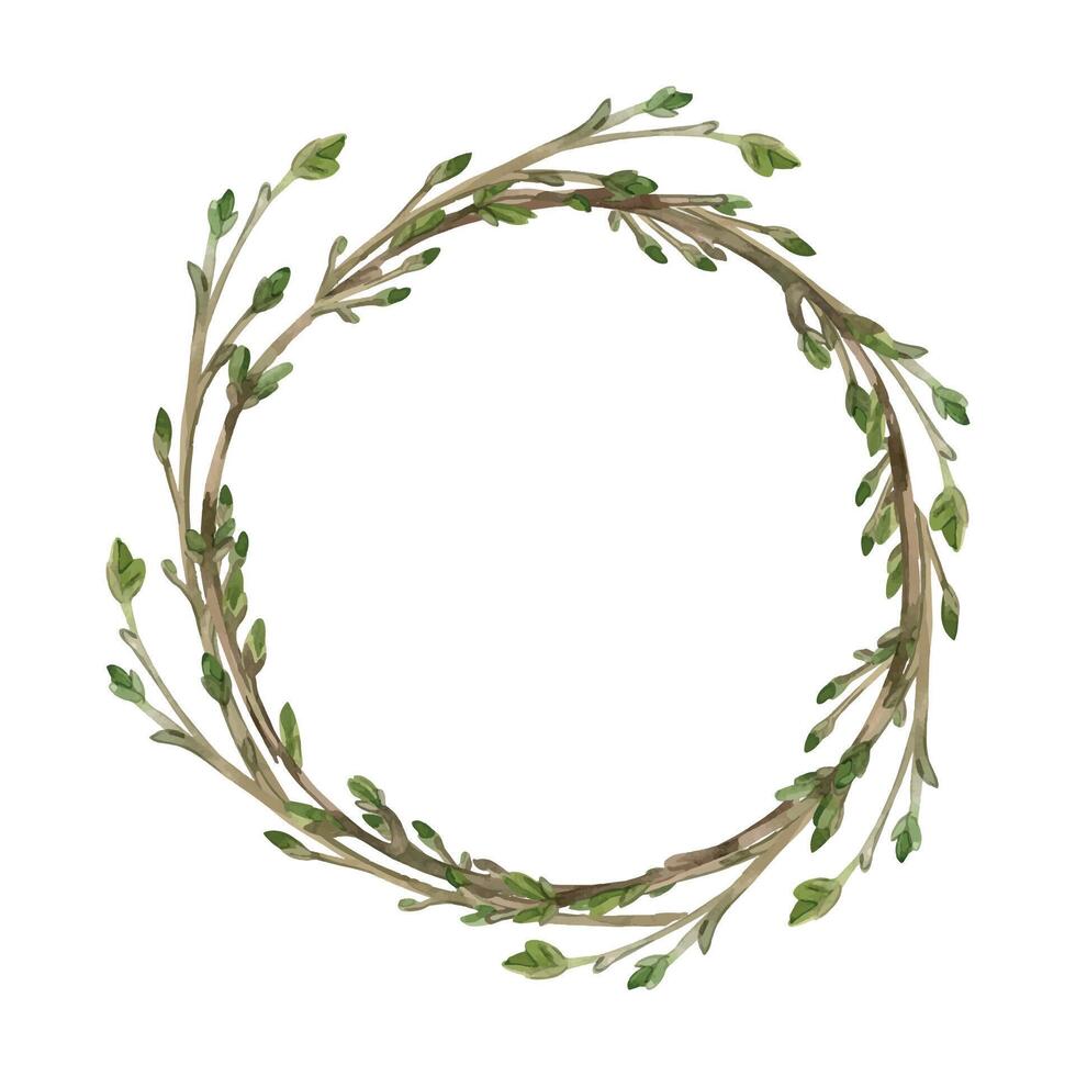 Round wreath of young branches with buds, all branches are hand-drawn with watercolor. Watercolor illustration is perfect for printing on postcards, invitations, for packaging design and textiles vector
