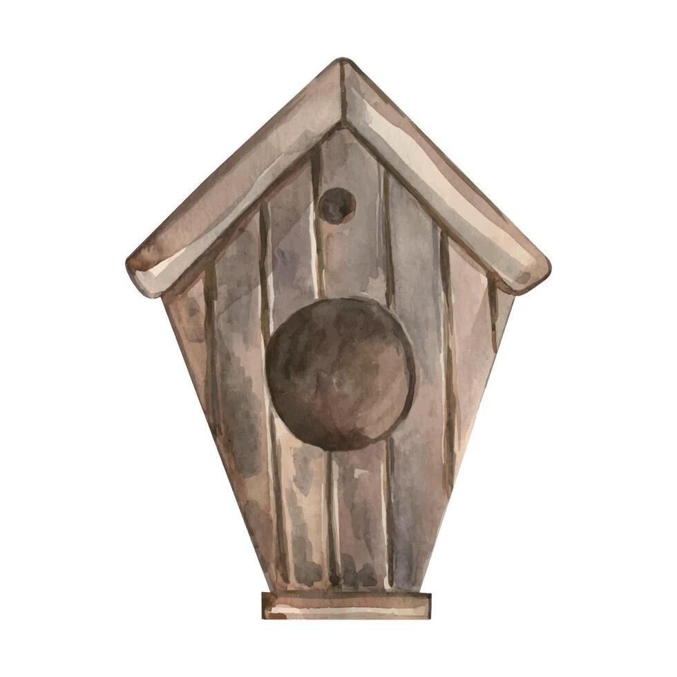 Birdhouse made of wood with a round entrance and a gable roof, hand-painted in watercolor. Watercolor illustration. Suitable for creating postcards, invitations, printing in magazines and books vector