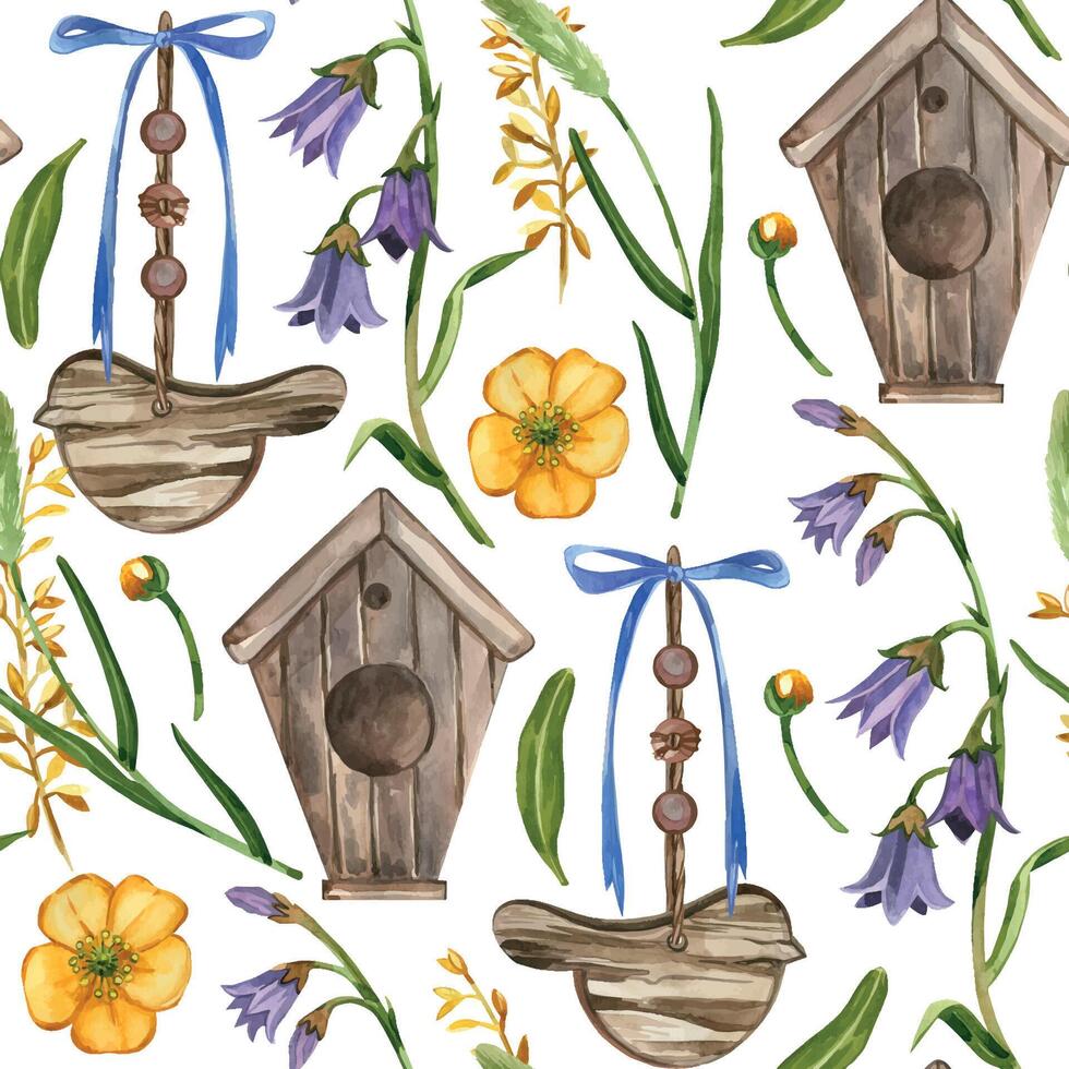 Seamless watercolor pattern. Birdhouse, bird pendant, meadow flowers and herbs of different colors, bell, buttercups, all objects are hand-drawn with watercolor. For printing on fabric, paper vector