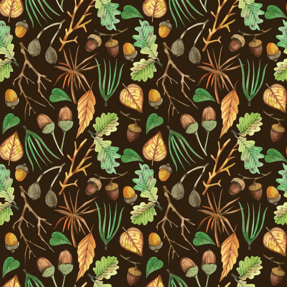 Seamless watercolor pattern. Tree branches, nuts, acorns, green leaves, berries, forest plants, all objects are hand-drawn with watercolor. Suitable for printing on fabric, home textiles vector