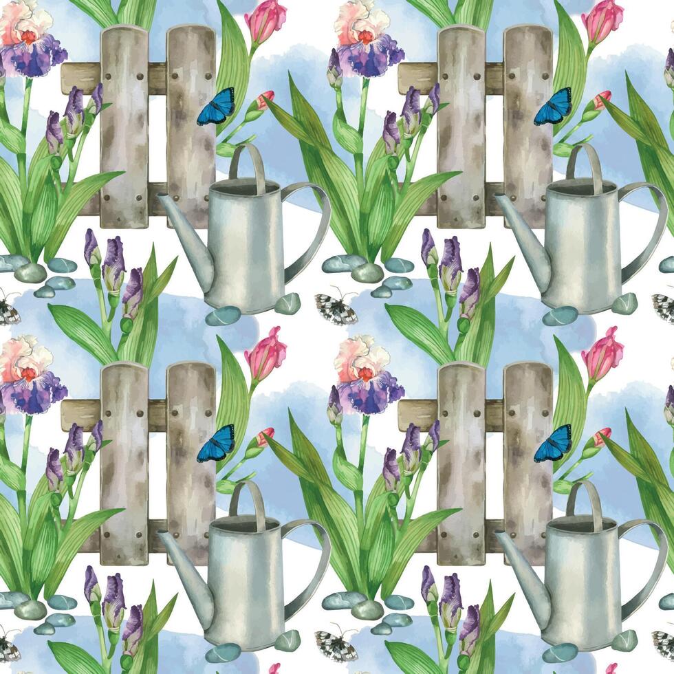 Watercolor seamless pattern with purple and pink iris flowers, watering can, decorative fence and butterflies. Hand drawn watercolor flowerbed. For printing on paper vector