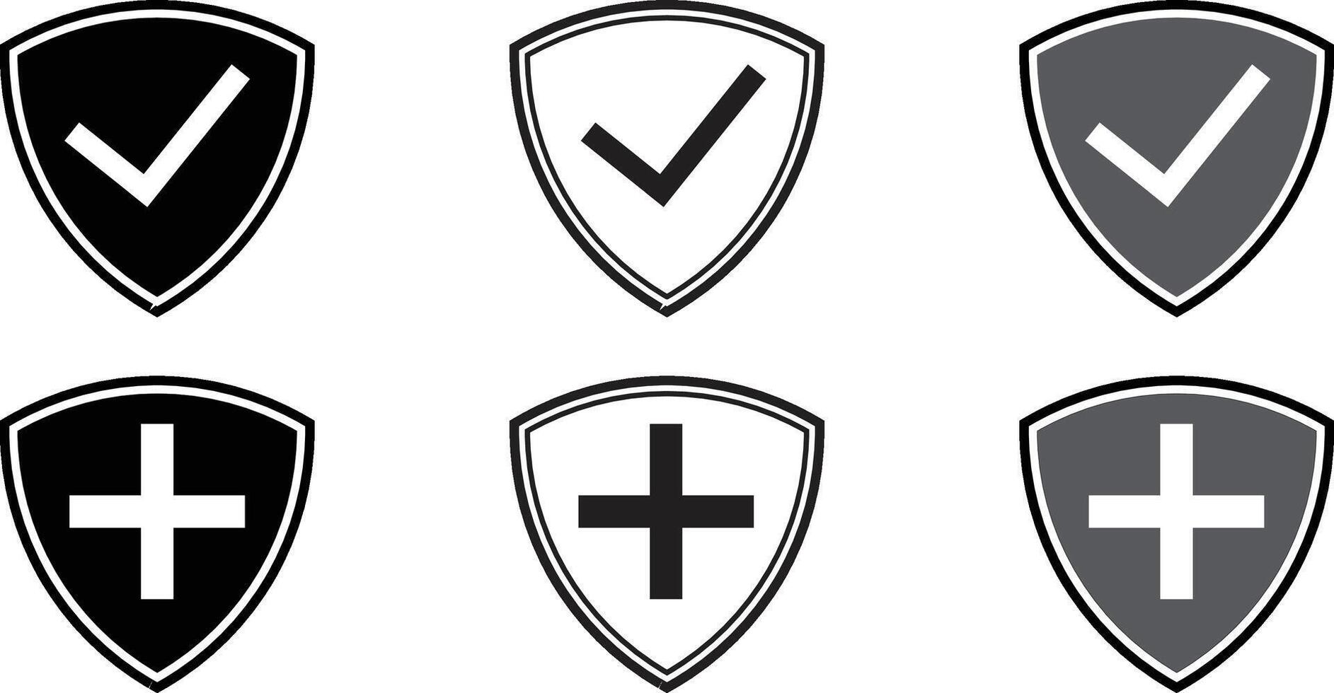 Six minimalist shield icons showcasing checkmark and plus symbols in three style variations each, ideal for security, protection, approval, health, or safety-themed designs. vector