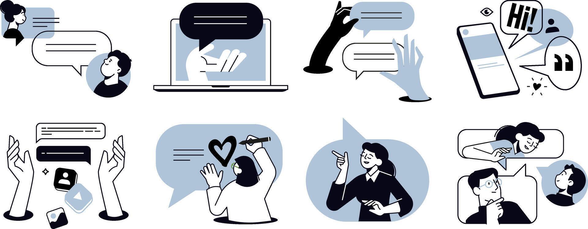 Social network. Set of people illustrations in various activities of online communication, social media, networking, support, community, chatting, app and services, rating and review, conversation. vector