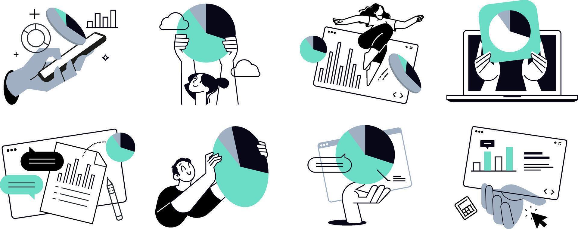 Set of people illustrations of business analysis, market research, data analytics, statistics, planning, business and financial report, marketing and presentation. vector