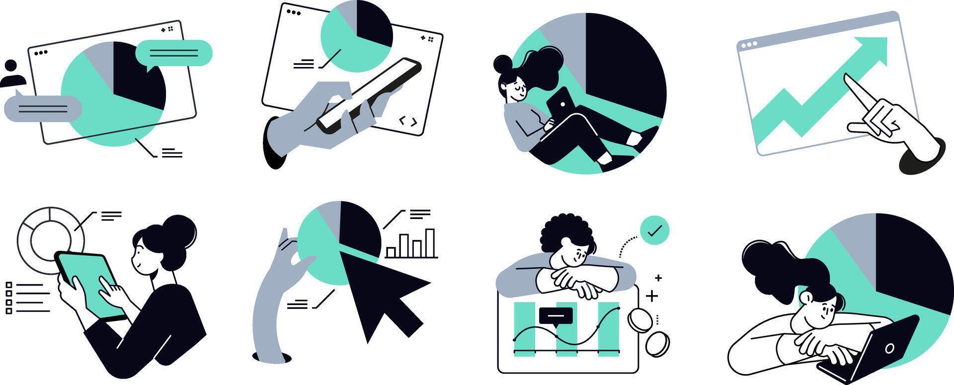 Data analysis. Set of people illustrations of business analysis, market research, data analytics, statistics, planning, business and financial report, marketing and presentation. vector