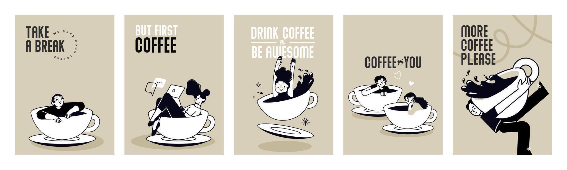 Take a break. Set of illustrations of people enjoying free time, drinking coffee, daily routine for social media banners, posters, marketing material, restaurants and coffee bars ads. vector