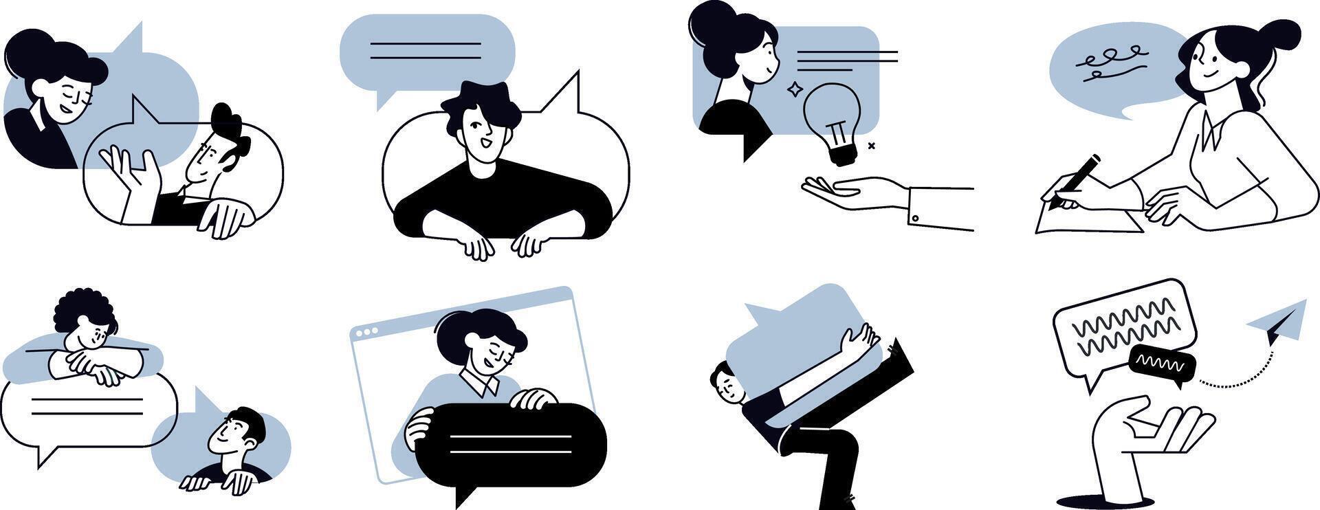 Chatting. Set of people illustrations in various activities of online communication, social media, networking, support, community, chatting, app and services, rating and review, conversation. vector