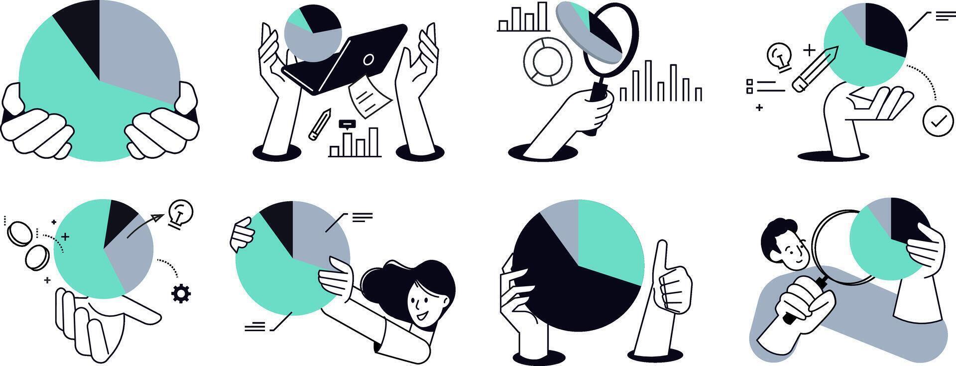 Statistics and analytics. Set of people illustrations of business analysis, market research, data analytics, statistics, planning, business and financial report, marketing and presentation. vector
